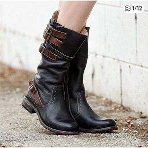 BED|STU Dorset Black and Brown Buckle Boots NIB Sz 7 Ret $326 Mid Calf High